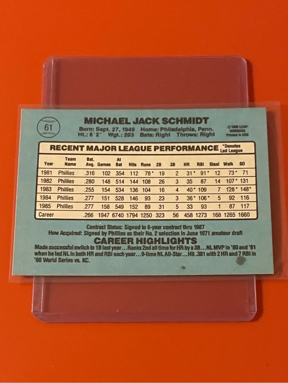 Mike Schmidt #61 1986 Donruss Baseball Trading Card